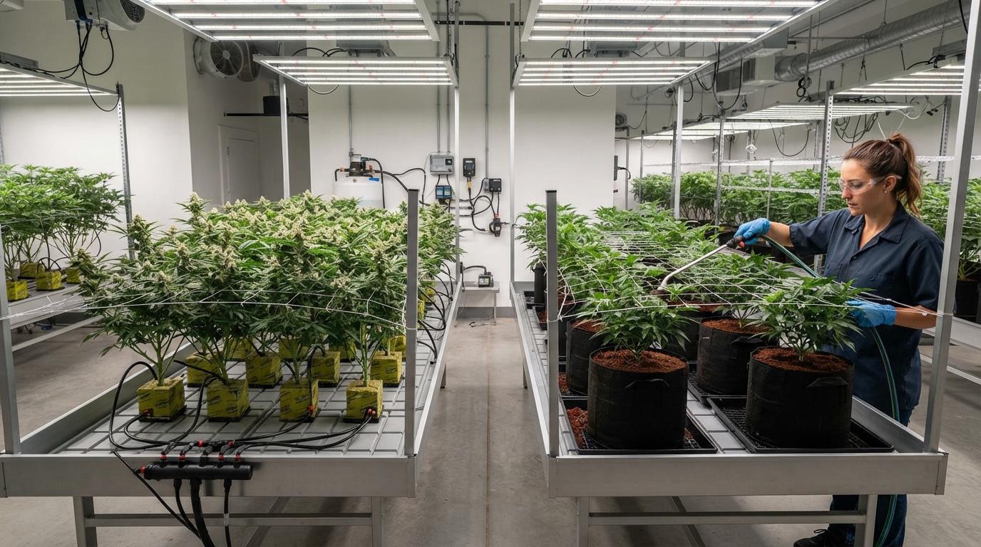 Commercial Irrigation & Substrate Comparison: Automated Drip vs. Hand Watering and Rockwool vs. Coco — comparison